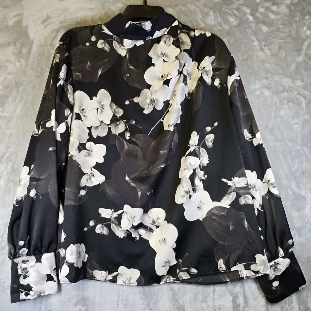 Worthington Blouse Womens XXL Black Orchid Floral High Neckline Long Sleeve